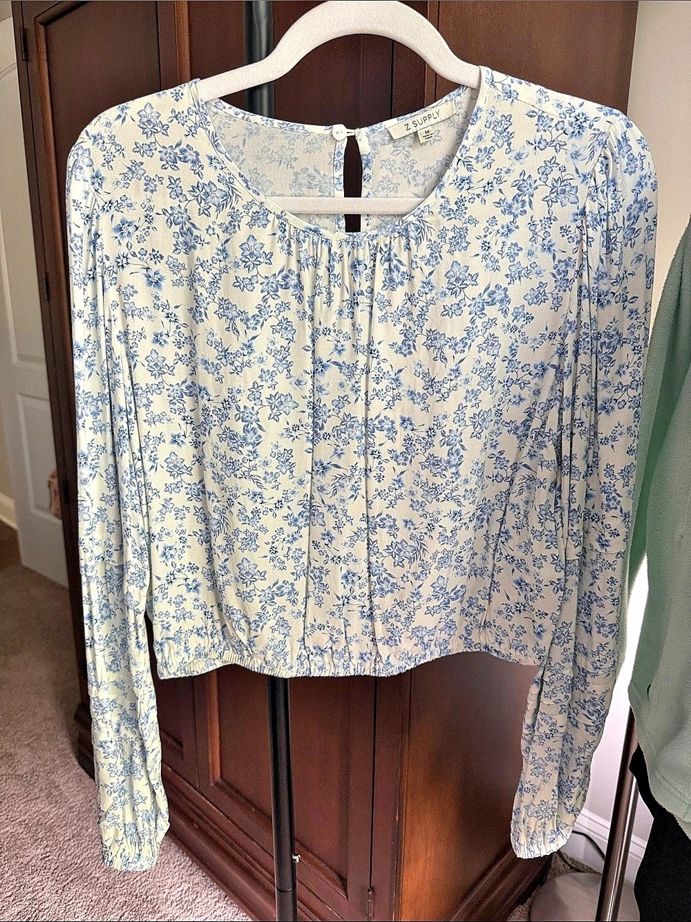 Z Supply Floral Long Sleeve Blouse in White & Blue